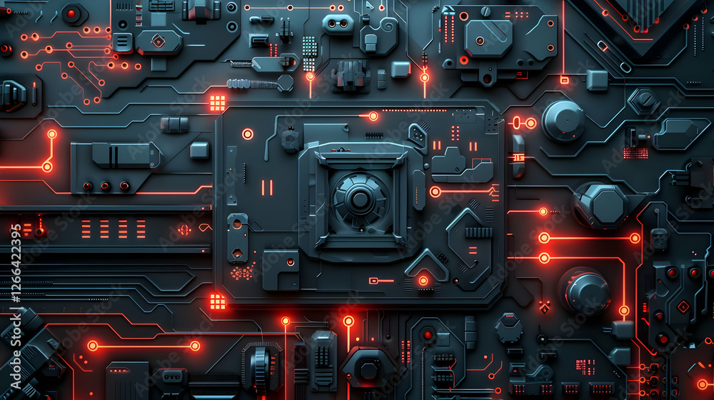 Wall mural abstract close-up of a futuristic circuit board with glowing red elements