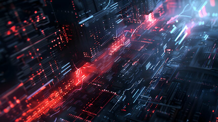 Obraz premium Futuristic digital landscape with glowing circuits and data streams in motion