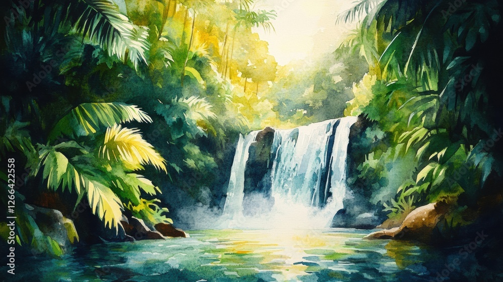 Leinwandbilder waterfall cascading through lush greenery in a tranquil tropical setting during daylight hours. gene