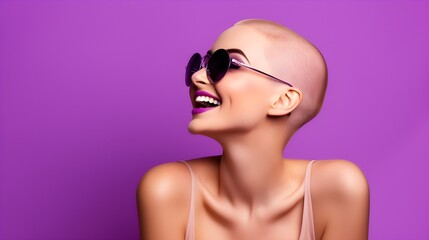 Fototapeta premium Joyful Bald Woman with Purple Sunglasses Studio Portrait Vibrant Background