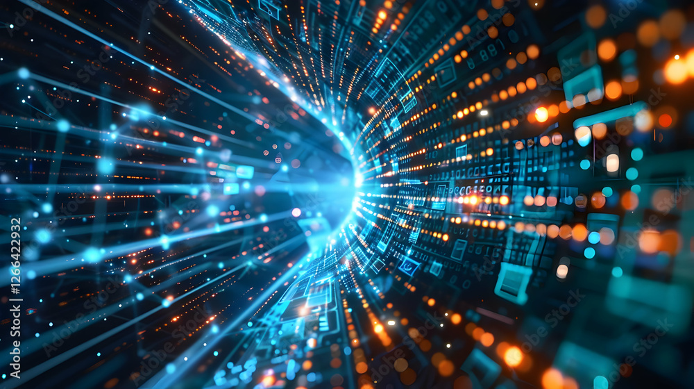 Poster abstract digital tunnel with glowing particles and data streams in motion
