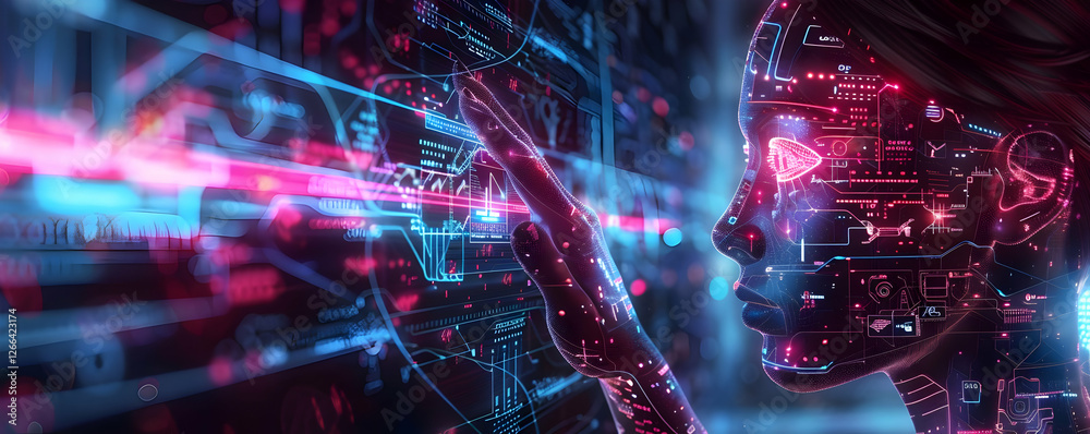 Wall mural futuristic interface interaction with a digital human figure in a tech environment