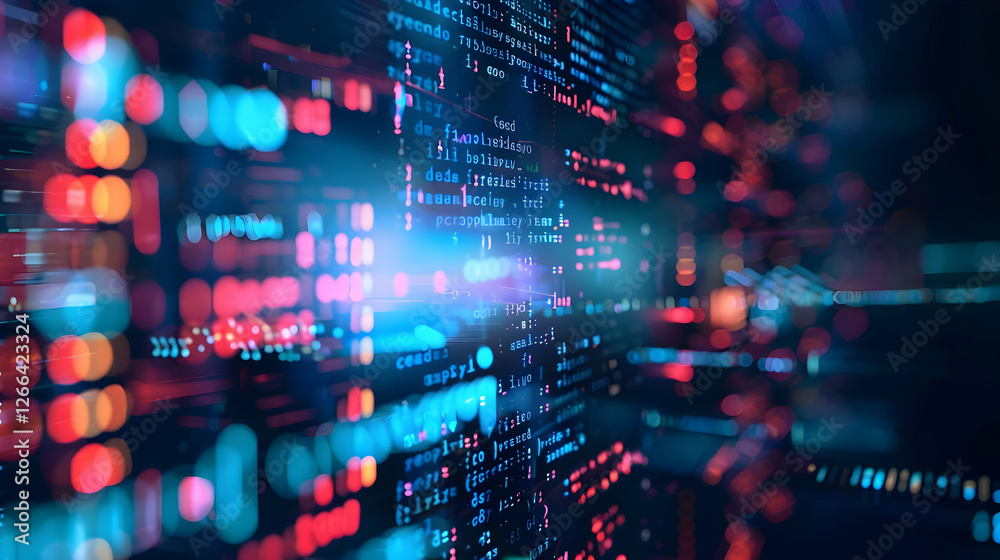 Poster abstract digital data visualization with vibrant lights and code in motion