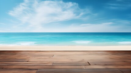 Fototapeta premium Serene Beachscape Wooden Deck Overlooking Turquoise Ocean and Sandy Shore