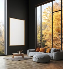 Fototapeta premium Modern living room with autumnal view, cozy sofa, and large frame.