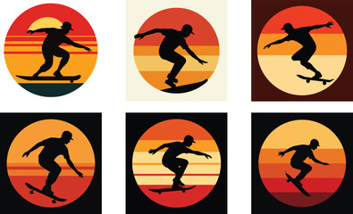  A silhouette of a skateboarder mid air with a retro vector illustration design