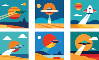 A spaceship flying over a beach with a retro sun vector illutration desing 