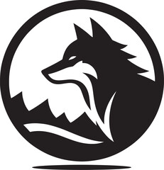 Wolf head in a circle, mountain backdrop.