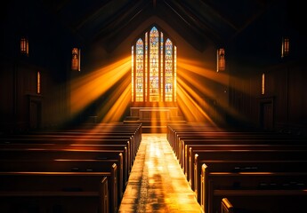 Fototapeta premium Sunbeams illuminate an empty church, casting a golden glow on the wooden pews and stained glass window. Serenity.