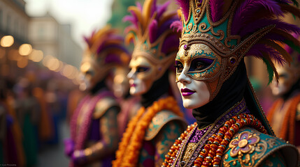 Fototapeta premium Artistic Mardi Gras Celebration with Dazzling Parade Elements and Intricate Masks