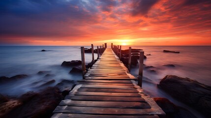 Obraz premium Serene Sunset Seascape Wooden Pier Extending to Vibrant Ocean Horizon at Dusk