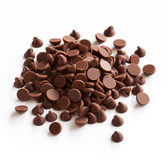 Obraz premium Pile of Semi-Sweet Chocolate Chips – Baking Ingredient Isolated on White Background, Close-Up High Resolution