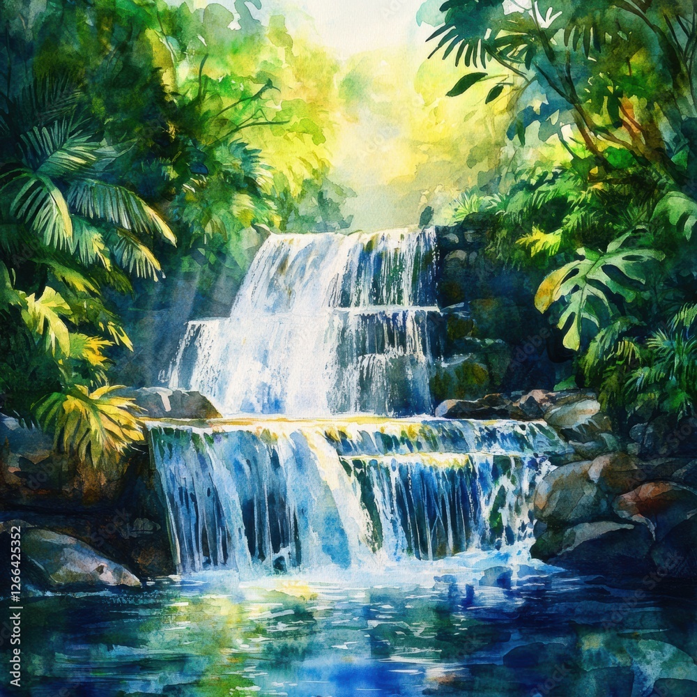 Poster beautiful waterfall cascading through lush green rainforest during sunny day. generative ai