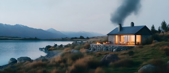 Cozy Lakeside Cabin at Dusk, New Zealand Mountains in Background.