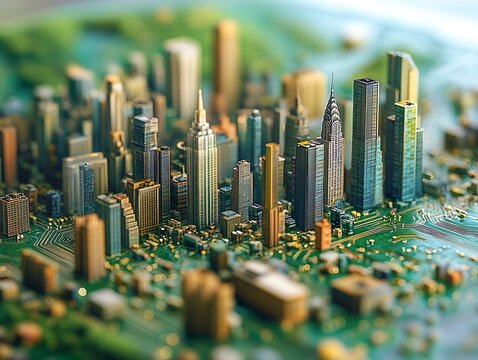 mini city rising out of an electronic circuit board, created by generative AI