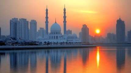 Fototapeta premium Sunrise Mosque Cityscape Reflection