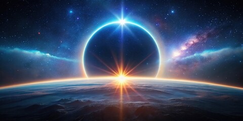 Obraz premium A Celestial Sunrise Epic Planetary Alignment Showcases a Radiant Starburst and Breathtaking Cosmic Landscape