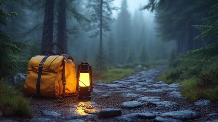 Fototapeta premium Misty mountain path, backpacks and lantern, night hike
