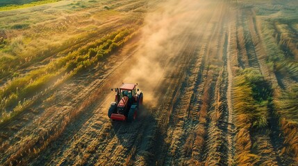 Fototapeta premium Aerial View of Tractor Harvesting Crops in Golden Field at Sunset