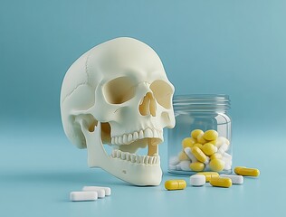 A human skull, jaw agape, rests beside a jar of pills.  A stark reminder of mortality and medication.