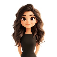 3D Avatar: A charming woman with long, curly brown hair smiles gently against a white backdrop.