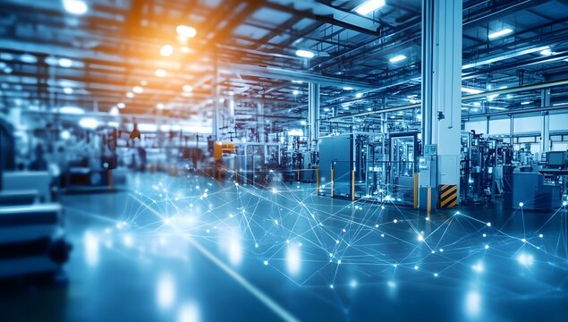 Industrial factory floor with digital network overlay - Powered by Adobe