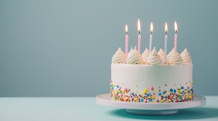 Delicious Birthday Cake with Lit Candles Sprinkles and Whipped Cream Frosting