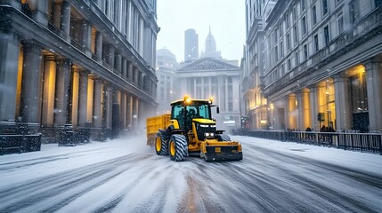 Obraz premium Yellow snowplow clears a snowy city street during a blizzard. 