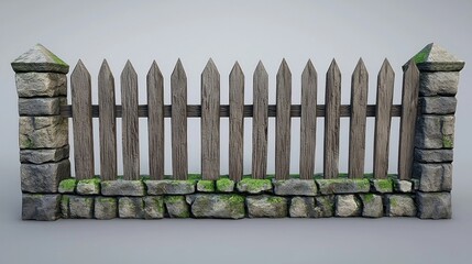 Rustic wooden fence with stone pillars, neutral backdrop