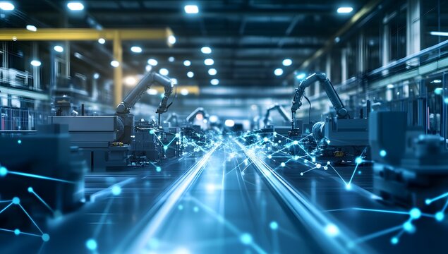 Automated factory production line with connected robotic arms