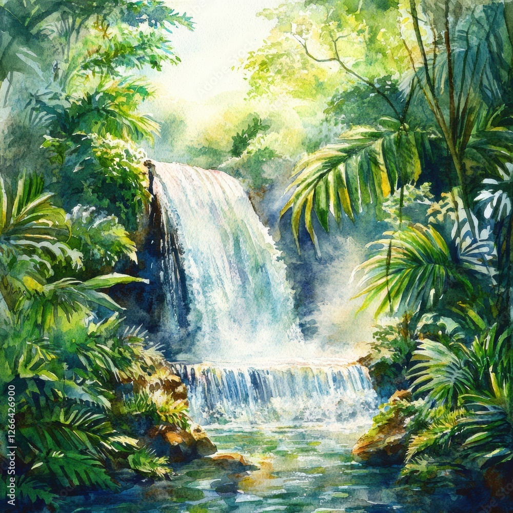 Aufkleber waterfall cascading through lush tropical foliage in a serene natural setting during daylight hours.