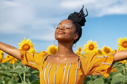 A young woman standing in a sunflower field, arms outstretched, feeling absolute joy and freedom
