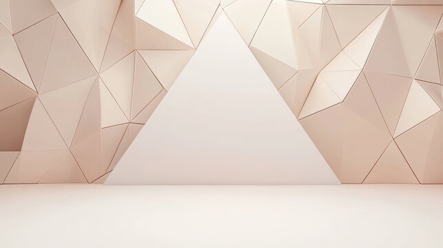 Abstract geometric background: pale pink triangular shapes frame a white pyramid -ai