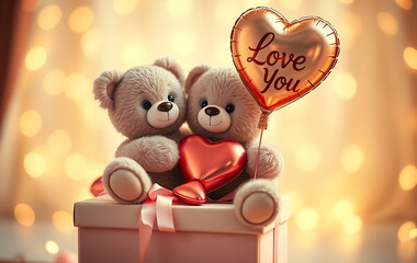 A beautifully detailed 3D teddy bear with velvety fur and a gentle smile sits gracefully atop a pastel-colored gift box with a satin ribbon. It holds a glossy