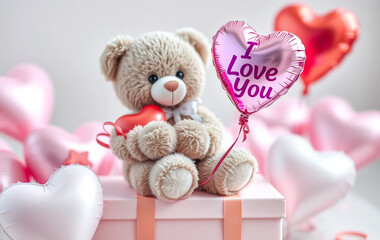 A soft and highly detailed 3D teddy bear with fluffy fur sits on a pastel-colored gift box, holding a heart-shaped balloon with ‘I Love You’ written in elegant cursive. 