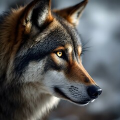 Fototapeta premium Majestic Wolf Portrait: Striking Eyes, Dramatic Fur, Intense Gaze