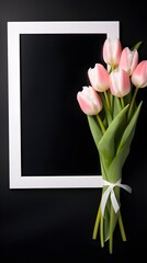 Elegant Pink and White Tulips Bouquet with Blank White Frame on Black Background