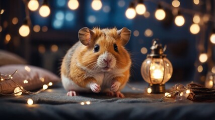 A cute guinea pig sitting among fairy lights and a lantern, creating a cozy atmosphere.