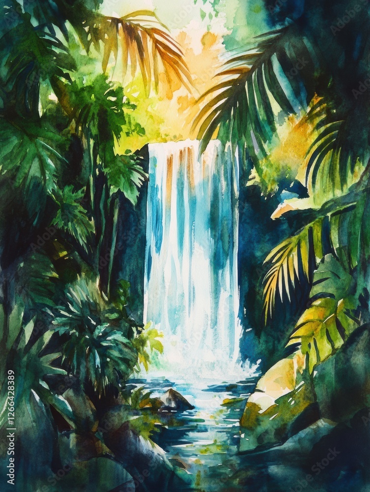 Poster Waterfall cascading through lush tropical foliage at dawn in a serene jungle setting. Generative AI