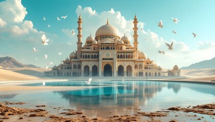 Naklejka premium Serene Desert Mosque: Majestic Architecture, Peaceful Doves, Tranquil Oasis