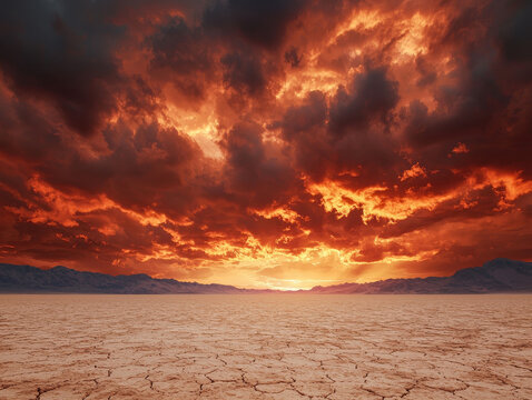 Fiery sunset clouds over vast cracked desert landscape