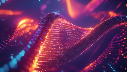 Futuristic DNA helix in vibrant neon colors against a swirling abstract background. Possible use science, technology, education