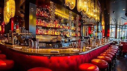 Naklejka premium Luxurious bar, city nightlife, red seating, drinks, interior