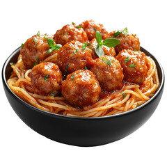 Fototapeta premium Delicious meatball pasta bowl with fresh herbs isolated on a pure Transparent background, perfect for culinary presentations