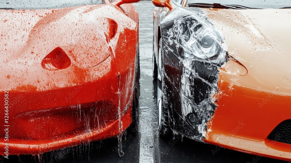 Poster Side by side comparison of a scratched and dirty car with a shiny polished vehicle showcasing different levels of car care. Generative AI