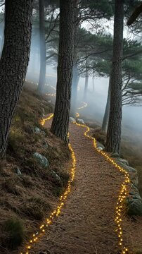 Magical illuminated path through misty forest with glowing lights at dawn