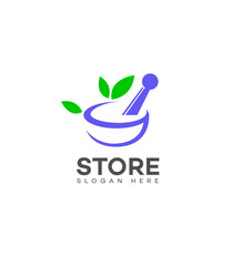 Herbal Store Logo Design Mortar, Pestle, Leaves, Nature, Pharmacy