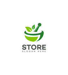 Herbal Store Logo Design Mortar, Pestle, Leaves, Green, Nature, Health, Wellness, Pharmacy, Organic