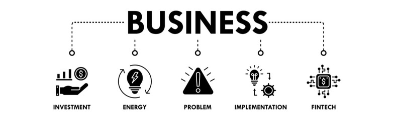 Business banner web icon illustration concept with icon of investment, energy, problem, implementation, and fintech
