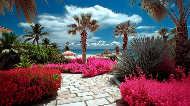 Beautiful tropical garden leading to the beach with vibrant flowers and palm trees under a blue sky